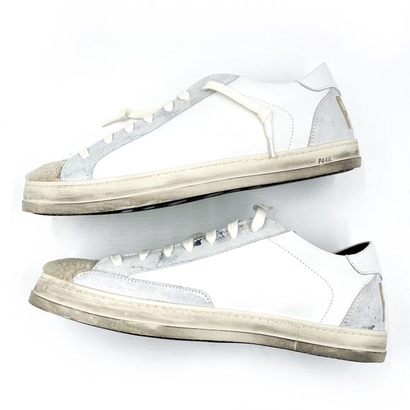 P448 John Lama Sneaker White Silver Lace Up Low Top Leather Sz 41 / 10.5 - Picture 8 of 12